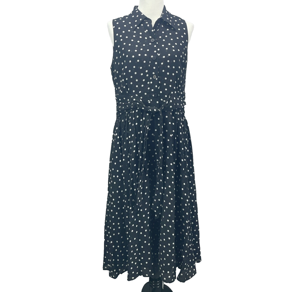 Jones NY Womens 12 Cotton Silk Blk Wht Polka Dot Dress Sleeveless Coquette